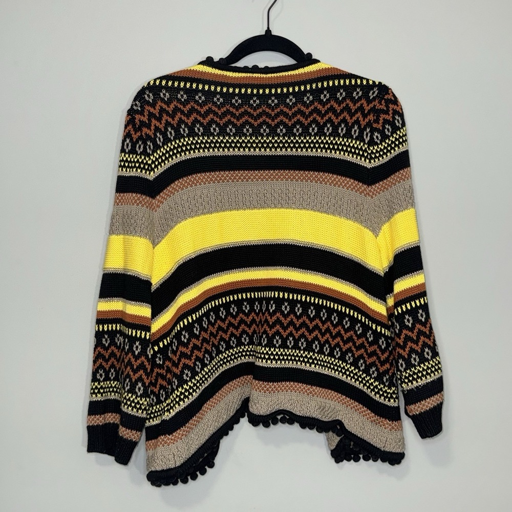 Together Womens Open Front Cardigan Yellow Black Geometric Striped Pom Pom - Picture 4 of 4